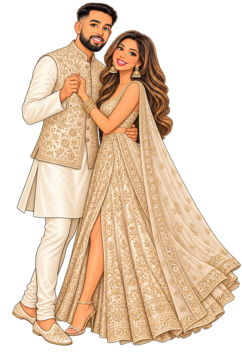 Karan and Supriya gently dancing in an ivory embroidered kurta and waistcoat and a champagne lehenga
