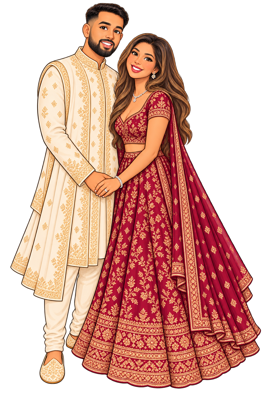 Karan and Supriya in their ivory and burgundy wedding outfits